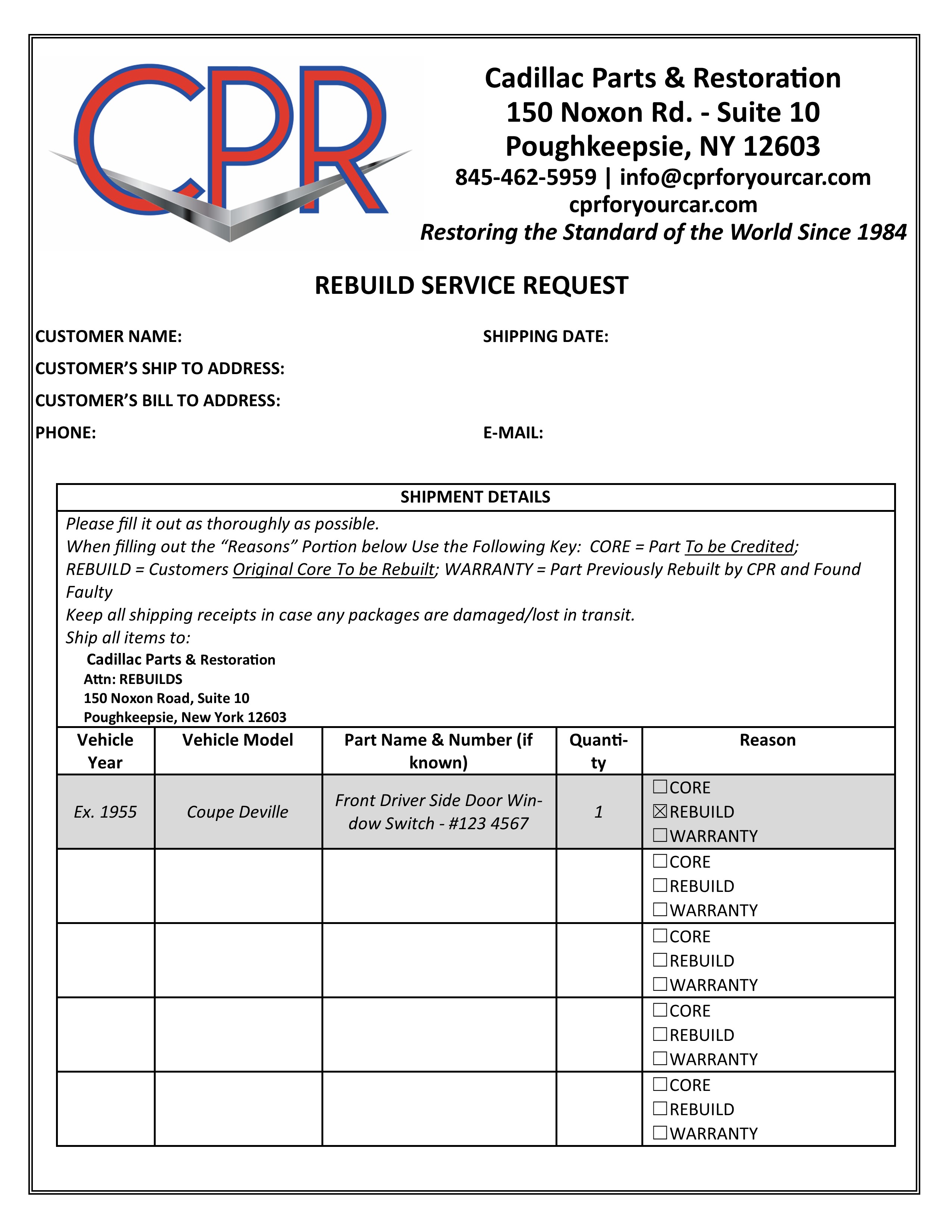 Cadillac parts rebuilding packing list